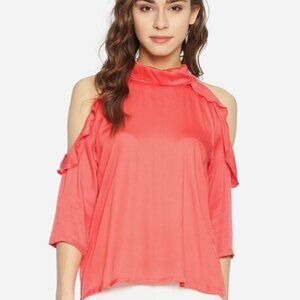 GRACIA SIZE L CHARTREUSE COLD SHOULDER DRAPE RUFFLE TOP